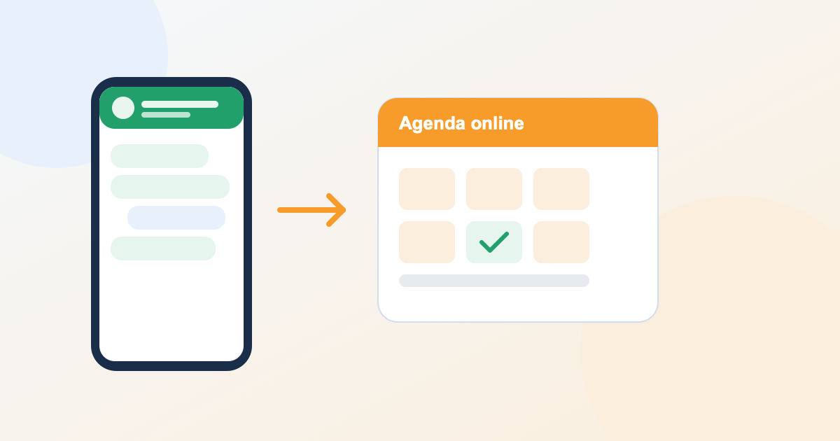 Ilustração de uma conversa de WhatsApp se transformando em um agendamento confirmado na agenda online