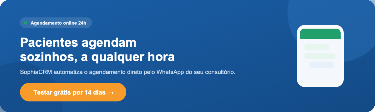 Pacientes agendam sozinhos, a qualquer hora — teste o agendamento online do SophiaCRM grátis por 14 dias