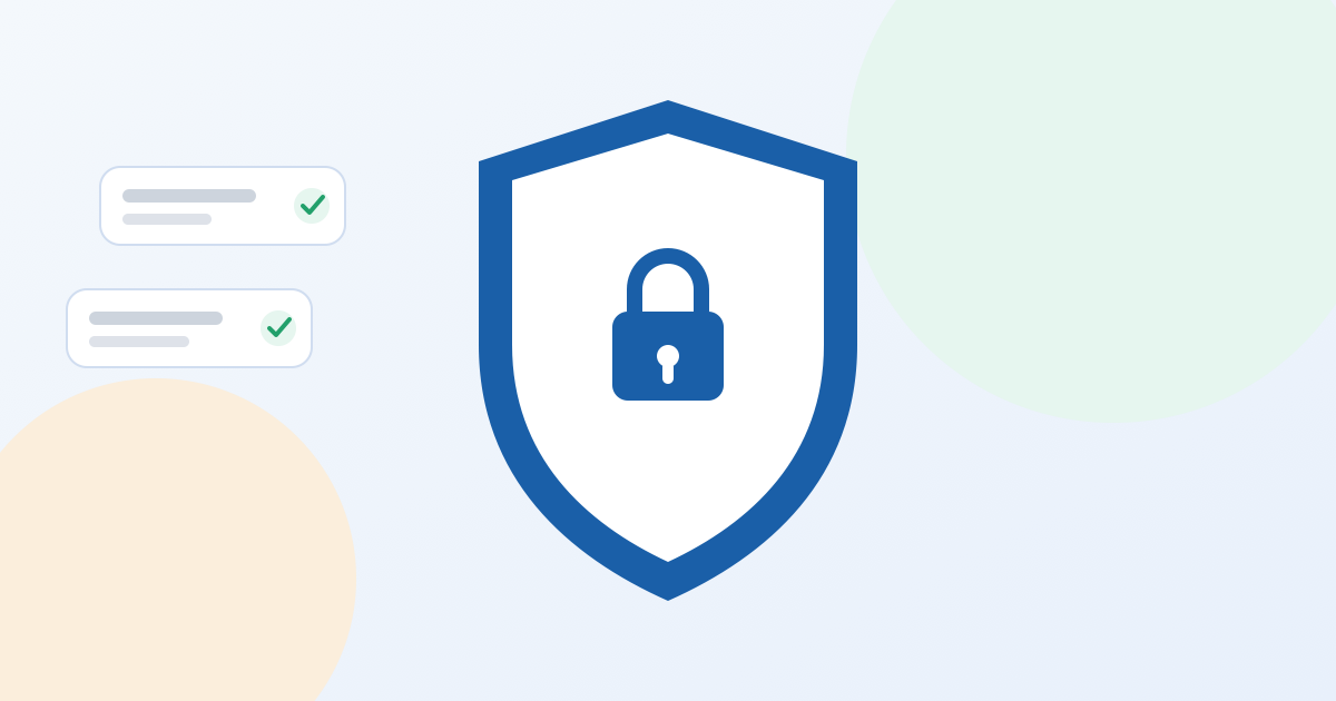 Ilustração de um escudo protegendo cartões de dados de pacientes com selos de verificação